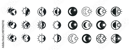Weather icon set: sun, moon, earth phases in black and white