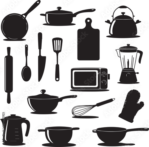 black silhouettes of kitchen utensils and appliances on white background