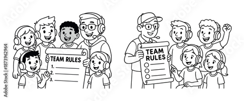 Kids discussing team rules led by coaches in group activity setting