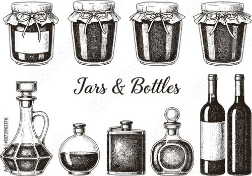 Collection of jars and bottles for storage and display