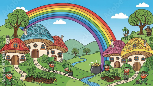 Whimsical illustration of a vibrant rainbow arching over a magical village of colorful mushroom houses surrounded by lush greenery and leprechauns in a serene landscape