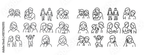 Diverse family relationships: parenting and friendship moments in line drawings