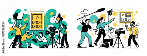 Team filming and directing video production scene with equipment