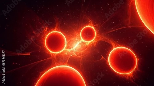 Fiery cosmic spheres interweave in dynamic motion across infinite space exploration of galaxy