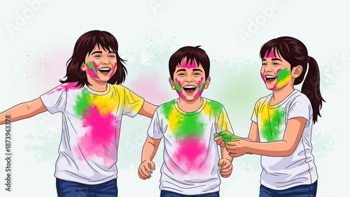 Three happy children covered in colorful holi powder smiling and having fun together in a vibrant celebration with festival and playful and joyful