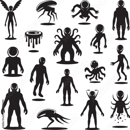 Black silhouettes of various alien creatures and monsters on white background