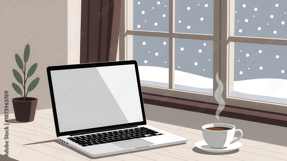 Fototapeta premium Laptop workspace by snowy window: Remote Work Lifestyle