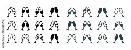 Set of celebratory champagne glass icons clinking in various styles