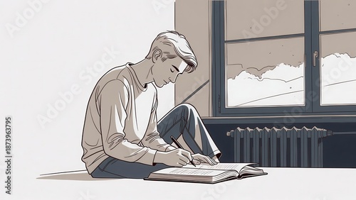 Person journaling near window: Winter Mental Wellness
