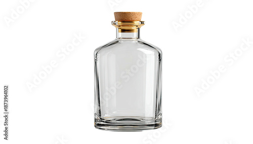 Clear glass bottle with cork stopper, standing upright, with a simple, elegant design