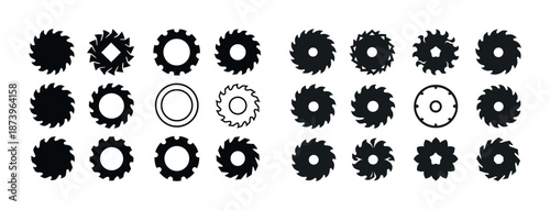 Silhouette collection of various industrial saw blade designs in black