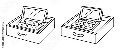 Open makeup drawer with eyeshadow palette and mirror illustration