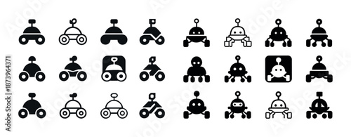 Set of black and white robot icons with various wheel configurations