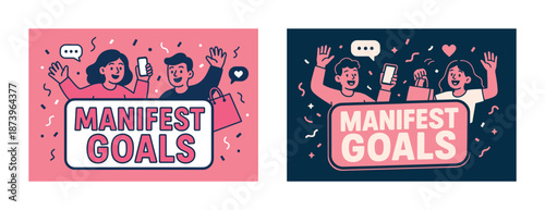 Young caucasian adults celebrating manifest goals with shopping bags and phones