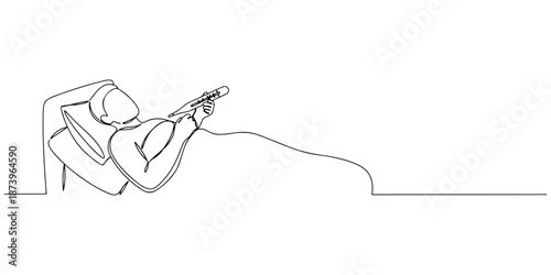 Continuous one line of a person lying in bed with a thermometer, symbolizing illness and care, drawn vector illustration.