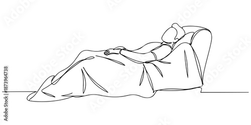 Continuous one line of a person reclining on a chair with a blanket, symbolizing comfort and rest, drawn vector illustration.