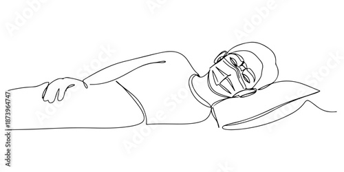 Continuous one line of a person wearing a face mask while lying down, symbolizing sickness and protection, drawn vector illustration.