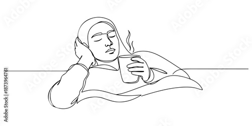 Continuous one line of a person resting with eyes closed and a hot drink, representing recuperation and wellness, drawn vector illustration.