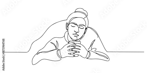 Continuous one line of a person resting with eyes closed and a hot drink, representing recuperation and wellness, drawn vector illustration.
