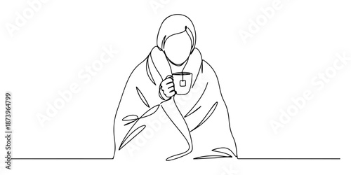 Continuous one line of a person wrapped in a blanket with a cup of tea, symbolizing self-care during sickness, drawn vector illustration.