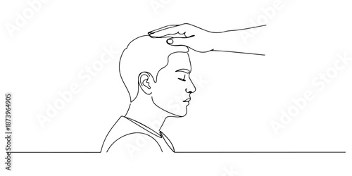 Continuous one line of a person receiving a gentle forehead touch from a caregiver, symbolizing care and attention, drawn vector illustration.