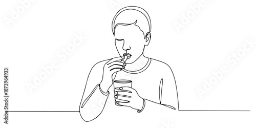 Continuous one line of a person taking medicine with a glass of water, representing treatment and care, drawn vector illustration.