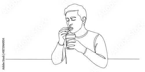 Continuous one line of a person taking medicine with a glass of water, representing treatment and care, drawn vector illustration.