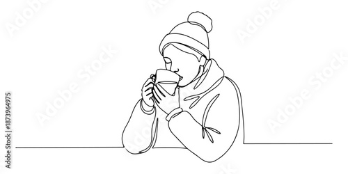 Continuous one line of a person drinking herbal tea while sick, representing self-care and recovery, drawn vector illustration.