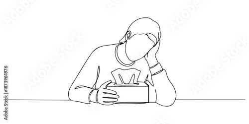 Continuous one line of a person holding a tissue box while resting, symbolizing sickness and comfort, drawn vector illustration.