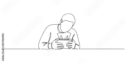 Continuous one line of a person holding a tissue box while resting, symbolizing sickness and comfort, drawn vector illustration.