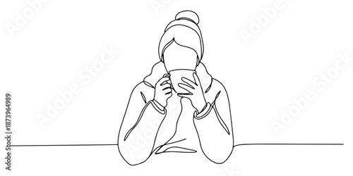 Continuous one line of a person drinking herbal tea while sick, representing self-care and recovery, drawn vector illustration.