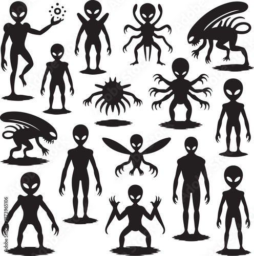 black silhouettes of various alien creatures and monsters