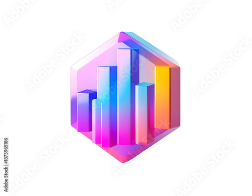 3D bar graph within a geometric prism, vibrant gradients on black