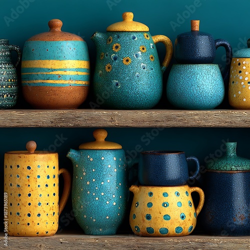 Colorful Ceramic Teapots and Mugs Arranged on Wooden Shelves kitchenware pottery