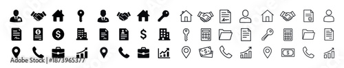 Business and real estate icon set: handshake, documents, and finance symbols