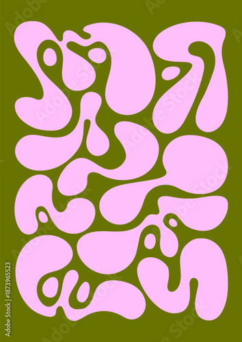 Abstract liquid shapes pattern, poster design in modern trendy style. Card background with flowing blobs, amorphous forms texture, dynamic spots, organic natural geometry. Flat vector illustration