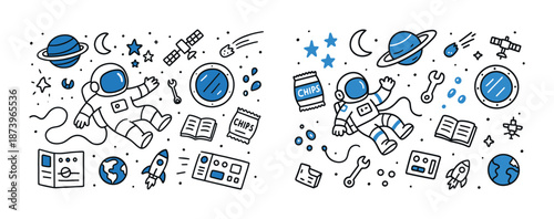 Cartoon astronauts floating in space with planets and tools