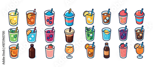Colorful assorted beverages with ice and fruits in cute cups