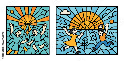 Vibrant art of happy caucasian children playing outside in stained glass design