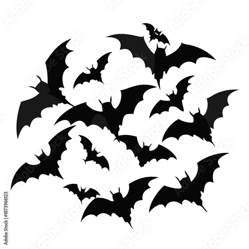 A cluster of dark bat silhouettes flying on a pure white background for halloween themes
