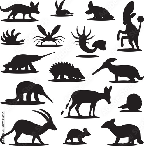 black silhouettes of various animals on white background