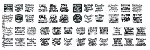 Motivational text set: discipline, strength, patience, progress design collection