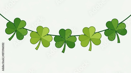 Illustration of green shamrock garland with five clovers on white background for st patricks day decoration with four leaf and luck and Irish
