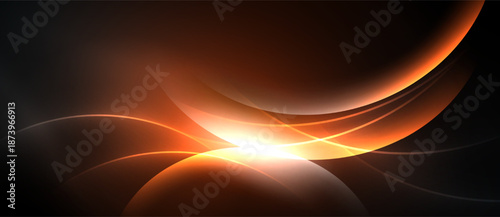 Abstract design features flowing orange curves, bright center glow. Dark background emphasizes dynamic light effects, creating modern aesthetic.