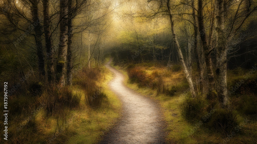 Fototapeta premium A winding muddy path through a dense thorny forest with dappled sunlight filtering through the trees creating a serene and tranquil natural woodland scene