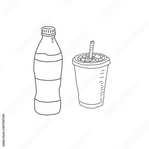 Hand Drawn Soda Drink Interaction Illustration with Cup and Bottle. Pouring Beverage Gesture Line Art for Fast Food Menu, Cafe Branding, Packaging Design