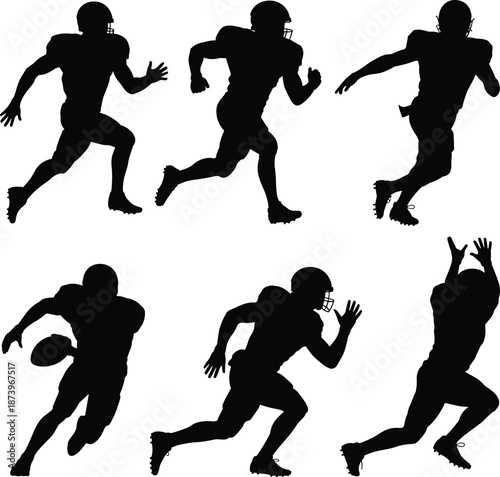 American football player silhouette set, running athlete poses with ball, sport action collection, black vector illustration isolated on white background