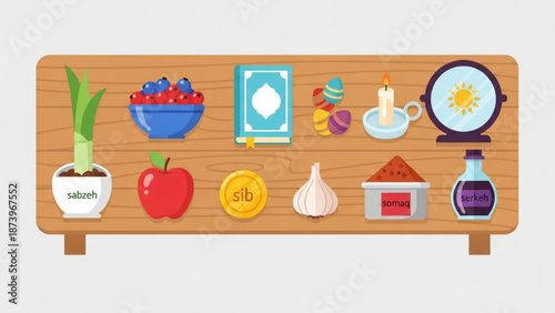 Nowruz table setting with traditional persian new year items on wooden table with symbols and spring and celebration and festival and culture