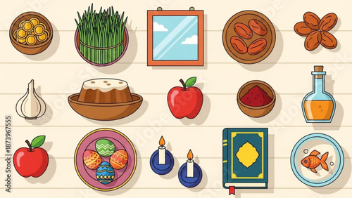 Nowruz celebration symbols and foods including sabzi eggs garlic fish apple and more on a beige background with Persian New Year and traditional foods