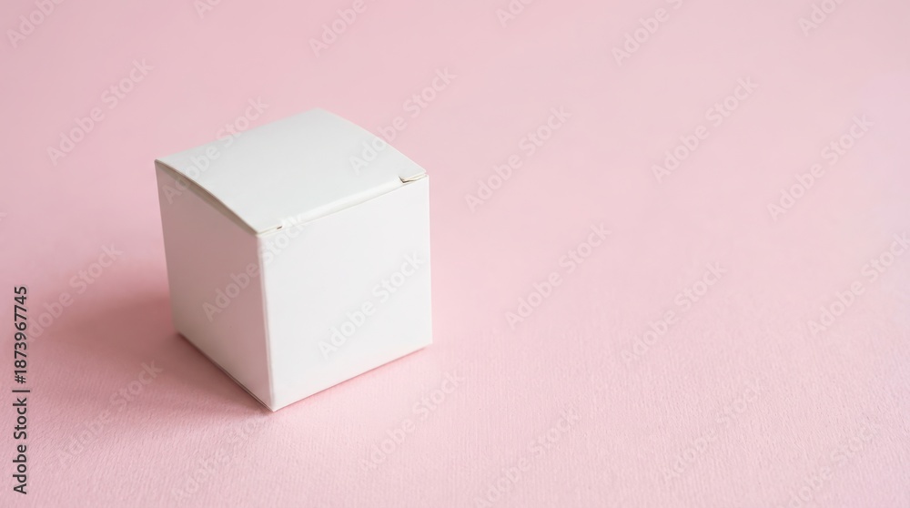 Obraz premium Small white cube box presented on a soft pastel pink background
